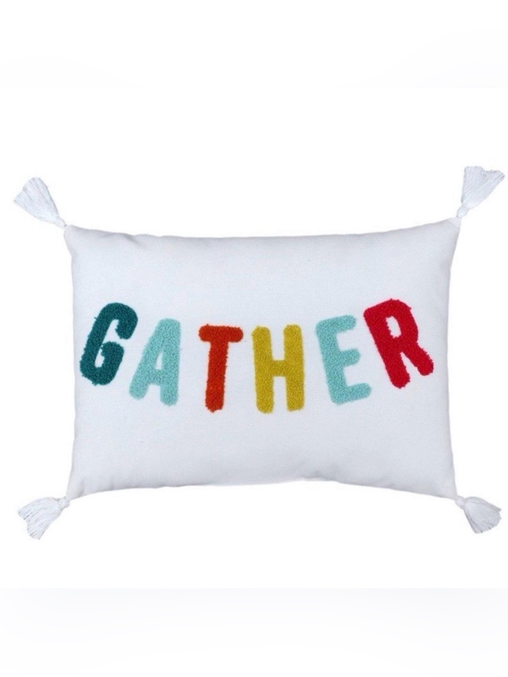 S Decorative 'Gather' Tassel Pillow - White with Multicolor Letters - NWT